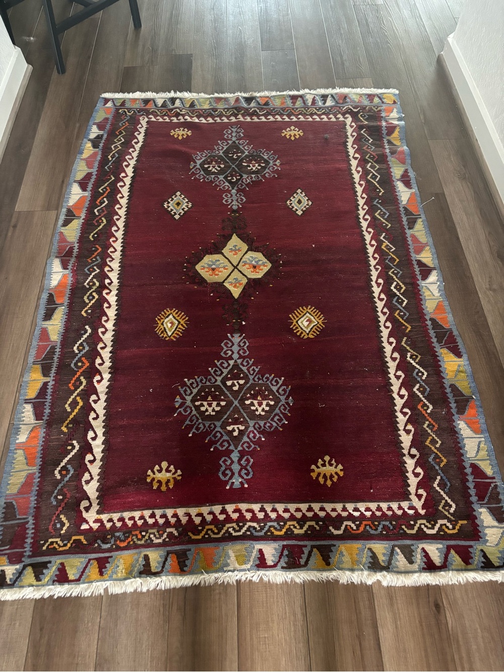 Handwoven Maroon Turkish kilim reversible  wool thin to be hang hooks nwot